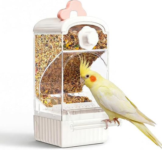 Bucatstate Automatic Bird Feeder for Cage, No Mess Self Cleaning, Large Capacity with Waste Drawer, No Installation Required, Parakeet Feeder for Parrots Budgies Cockatiels Canaries (Pink White)