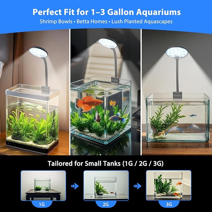Mini Clip-On Aquarium Light 7W USB Dimmable Fish Tank Lamp with 3 Light Modes (White/RGB/Full Spectrum), 9-Level Brightness, 360° Adjustable Gooseneck for 1–3 Gallon Tanks