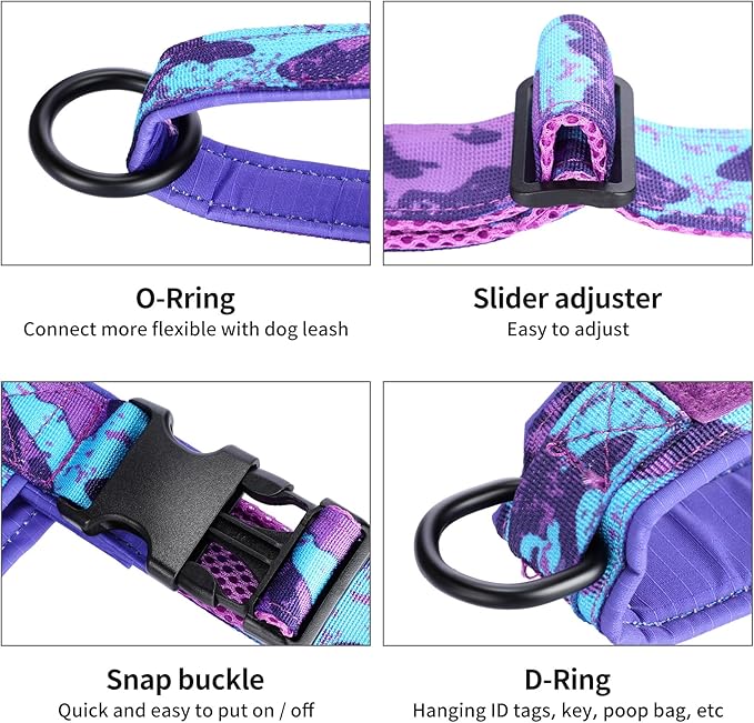 Annchwool No Pull Dog Harness with Soft Padded Handle,Escape Proof and Quick Fit to Adjust Dog Harness,Easy for Training Walking for Small & Medium and Large Dogs(Camo Purple,L)