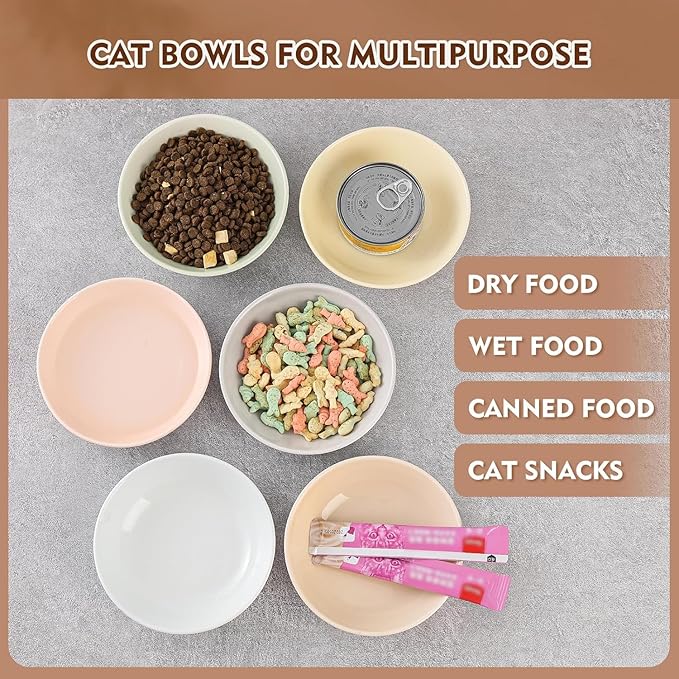 Ceramic Cat Food Bowl Set - 5.6 inch Colorful Cat Feeding Bowls with Non Slip Pads - Wide Shallow Whisker Friendly Plates Cute Dish - Microwave and Dishwasher Safe - 6 Pack - 5.3 oz