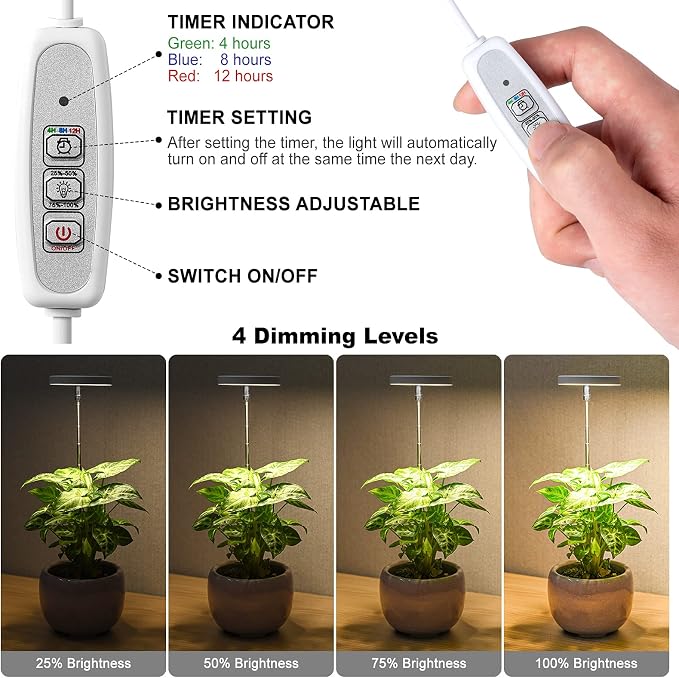 LORDEM Full Spectrum LED Grow Light for Indoor Plants, 3 Packs | Height Adjustable, Auto On/Off Timer 4/8/12H, 4 Dimmable Brightness, Ideal for Small Plants