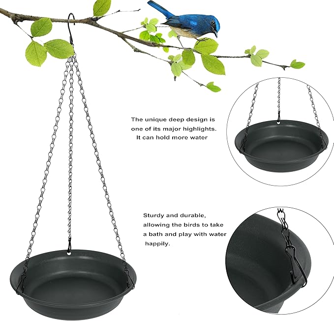 VUWEZ Hanging Bird Bath, Hanging Bird Water Feeder for Outdoors, Feeder Bowl, 1 Pack Birdbath Tray Accessories for Outside, Plastic Birdbaths Tray for Garden Patio Decoration (10", Dark Black)