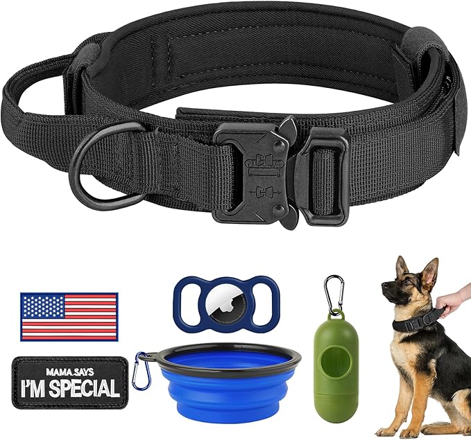 HYDEME Tactical Dog Collar Adjustable Nylon Collar with Control Handle and Heavy Metal Buckle for Medium and Large Dogs, with Patches&Airtags Case&Poop Bag Dispenser&Portable Bowl. (XL, Black)