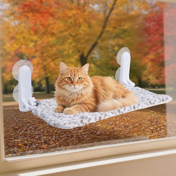 SMOUATOU Cat Window Perch, Cordless Foldable Cat Hammock Bed with 4 Suction Cups, Embeded Machine Washable Bed for Indoor Cats, Strong Metal Frame Holds 40lbs (Leopard Print)