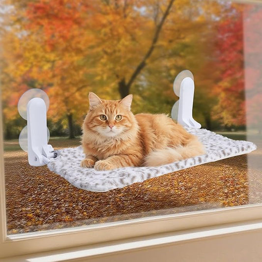 SMOUATOU Cat Window Perch, Cordless Foldable Cat Hammock Bed with 4 Suction Cups, Embeded Machine Washable Bed for Indoor Cats, Strong Metal Frame Holds 40lbs (Leopard Print)