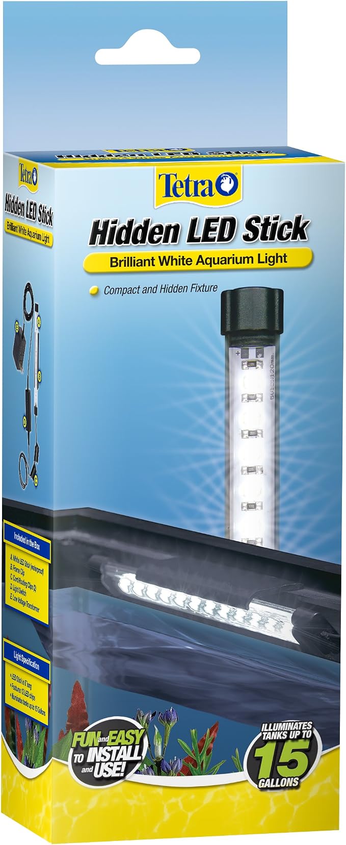 Tetra 6" Hidden LED Stick for Aquariums Up to 15 Gallons | Waterproof White Fixture, Clips To Frame Or Hood, Cord Routing Clips Included