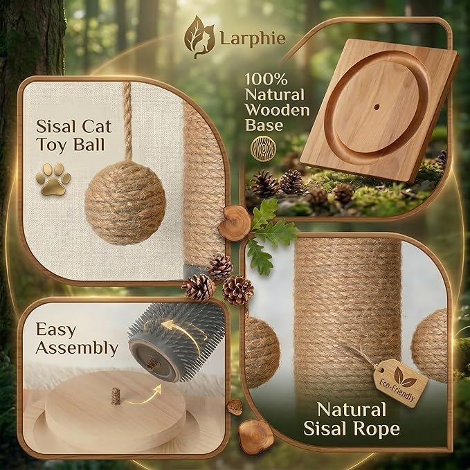 4-in-1 Solid Wood Cat Scratching Post with Self-Groomer, Natural Sisal Scratching Post with 2-Level Track Ball Toy, Interactive Cat Tree & Furniture Protector for Indoor Cats Large Size