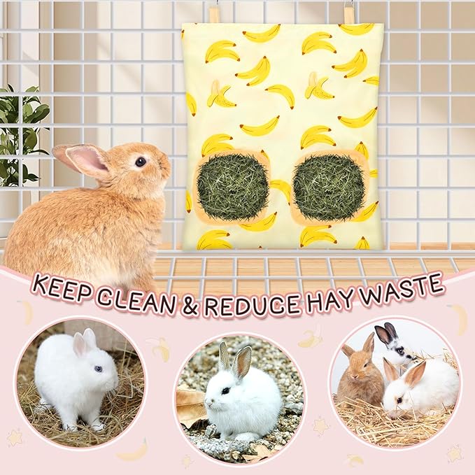 UPINS 3 Hay Bag for Rabbits 2-Hole Hanging Hay Feeder Guinea Pig Hay Bags, Hay Feeder for Rabbits Chinchillas Hamsters Small Pets and Animals(Fruit Pattern)
