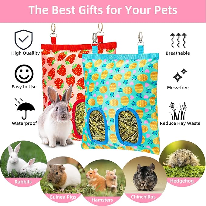 2Packs Large Rabbit Hay Feeder Bag, Upgraded Guinea Pig Hay Feeder with 3 Hooks, Chew Proof Washable Hay Bag for Rabbits Bunny Chinchilla Hamster, Mess Free Grass Holder 2 Holes, 9.8x11.4 Inch