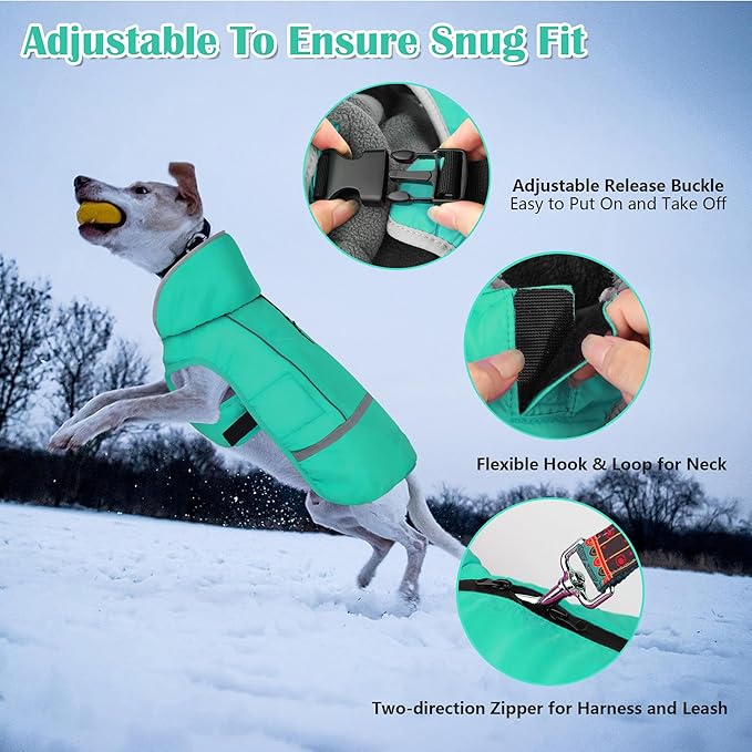 Dogcheer Warm Dog Coat, Waterproof Dog Jacket Christmas Puppy Winter Coat with Buckle, Reflective Adjustable Pet Snow Jacket Turtleneck Fleece Sweater for Small Medium Large Dogs - Pine Green, 3XL