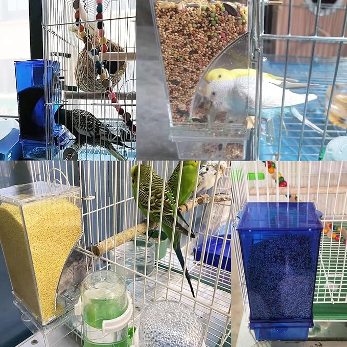 Automatic Bird Cage Feeder No Mess Parakeet Feeder Seed Food Container Feeding Station Cage Accessories for Small Birds Parrot Canary Lovebirds(Transparent)