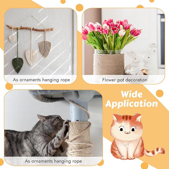 164 Feet Sisal Rope for Cat Scratching Post, 1/6 Inch Natural Cat Tree Rope, DIY Hemp Twine Rope for Repairing, Recovering Scratch Post Cats Tree Tower Replacement (Natural)