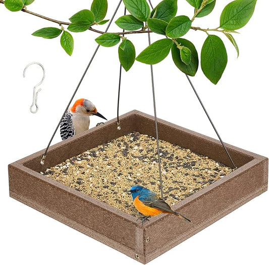 Kingsyard WPC Composite Platform Bird Feeder for Outside, Heavy Duty Hanging Tray for Mealworms & Seeds, 3.5 lbs Large Capacity, Weatherproof Recycled Plastic Material, Easy to Clean, Brown