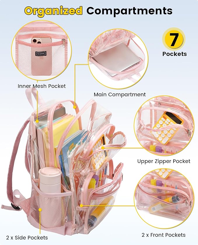 Vorspack Clear Backpack for School - Heavy Duty See Through Bookbag for Girls Boys Large Transparent Backpacks for Work, Travel - Pink