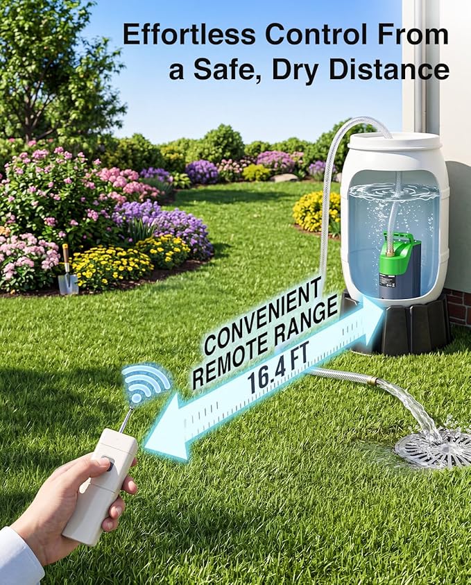TaskStar Cordless Submersible Water Pump for Pool Cover & Basement | Smart Remote Control, 60-Min Continuous Runtime, 30FT High Water Lift, Portable Submersible Design for Hot Tub and Garden