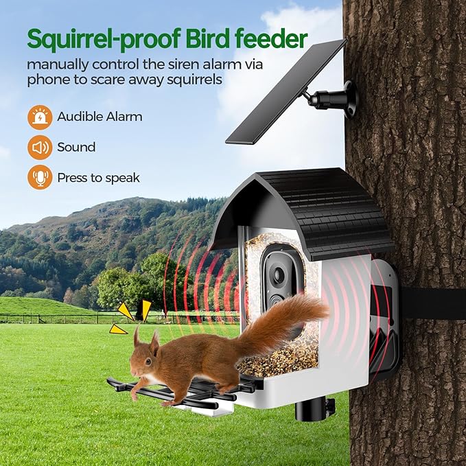 Smart Bird Feeder with Camera - Solar Powered Bird Watching Camera with 2K HD Live View, Auto Capture & AI Identify 10,000+ Species, 2.4G WiFi Outdoor Birdhouse, Ideal Gifts for Bird Lovers