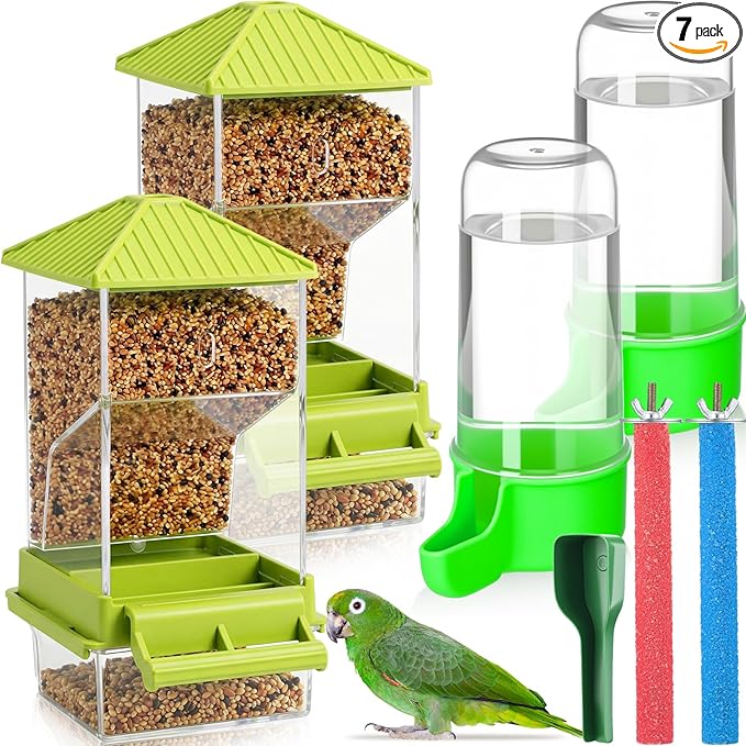 Novabright 7 Pcs No Mess Bird Feeder Water Dispenser Set Include Automatic Parakeet Feeder and Drinker with Bird Paw Grinding Stick Cage Accessories for Small Medium Cockatiel Lovebird(Cute,Green)