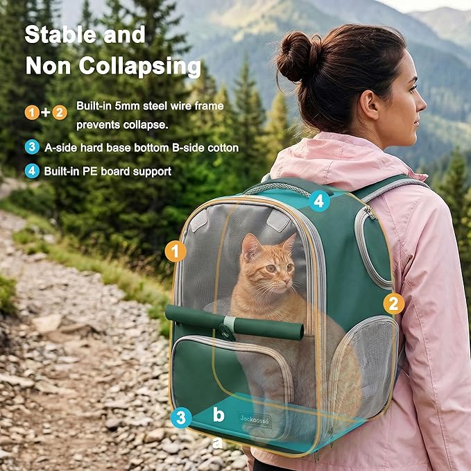 Cat Backpack Carrier Expandable, Breathable Mesh & Lockable Zippers & Shaded Curtains & Multi-Entry, Pet Backpack for Kitty Puppy Small Dogs Up to 18lbs for Travel, Hiking, Car, Vet(Green)