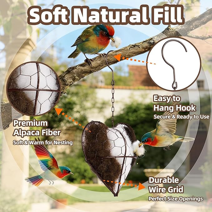 Handmade Alpaca Fiber Bird Nesting Heart - Refillable Bird Nesting Material Holder with Alpaca Wool for Bird Nesting - Outdoor Garden Dispenser & Nesting Material for Wild Birds (1 Set)