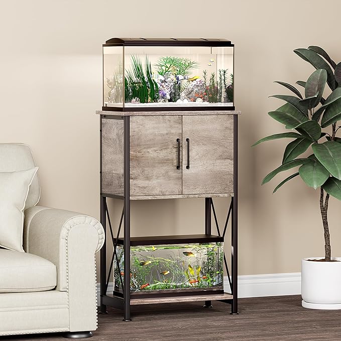 Herture 5-10 Gallon Fish Tank Stand, Metal Double Aquarium Stand with Cabinet for Fish Tank Accessories Storage, Heavy Duty 20.5" L* 11.02" W Tabletop, 500LBS Capacity Grey PG06YGZ