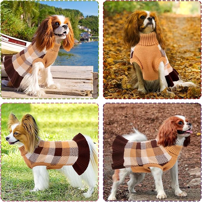 Dog Sweater Dress Plaid Knitwear for Small Medium Dogs Warm Puppy Pet Turtleneck Stretch Pullover Cute Fall Winter Vest Clothes with Leash Hole for Christmas (Coffee, XL)
