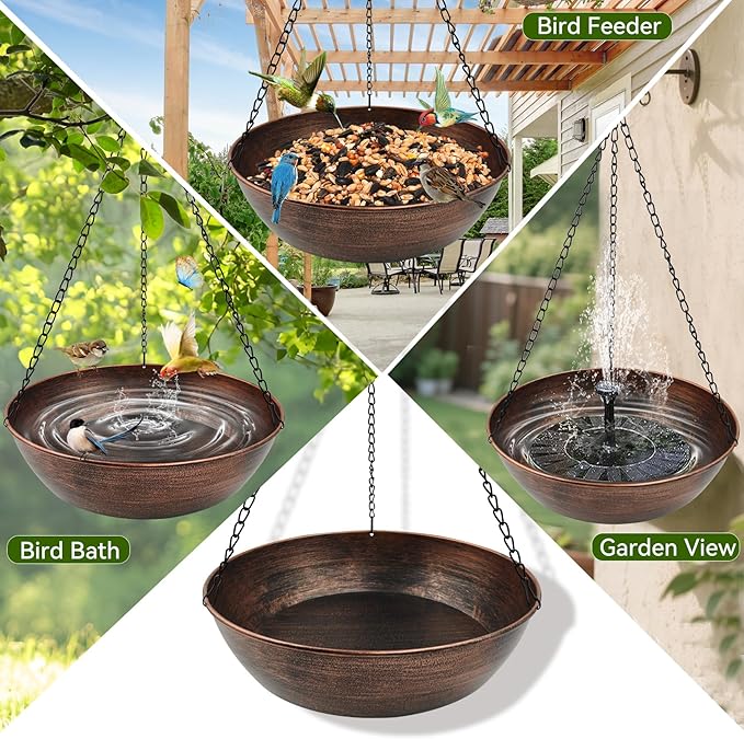 Hanging Bird Bath for Outside, 13" Metal Bird Bath Bowl with Chains & Hook Outdoor Hanging Birdbath for Tree, Gazebo, Patio, Balcony, Gift for Bird Lovers