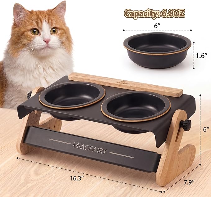 Elevated Cat Bowls 6.8oz x2, Adjustable Raised Cat Bowl Stand, Ceramic Cat Food and Water Bowl Set for Cats and Small Dogs