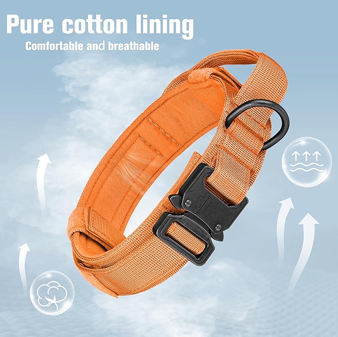 HYDEME Tactical Dog Collar Adjustable Nylon Collar with Control Handle and Heavy Metal Buckle for Medium and Large Dogs, with Patches&Airtags Case&Poop Bag Dispenser&Portable Bowl. (L, Orange-Set)