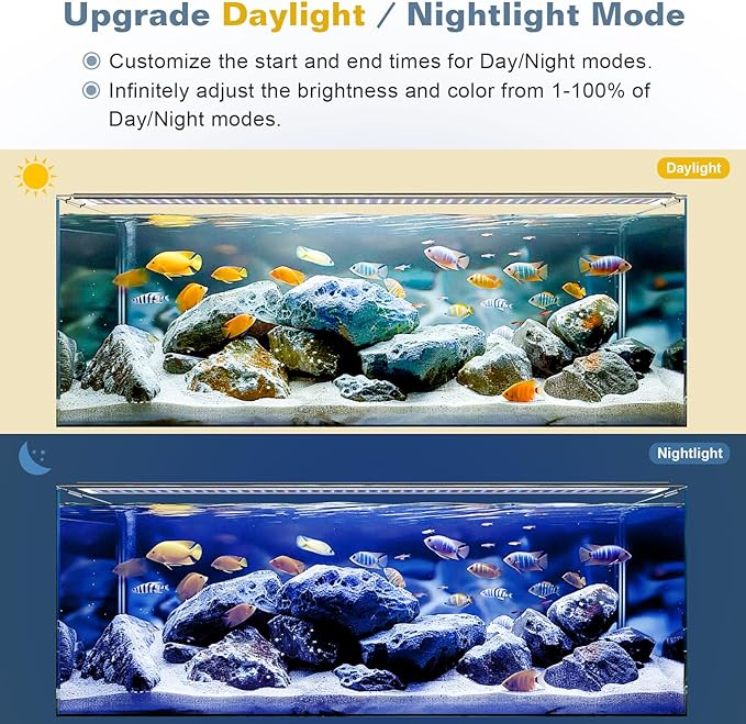 LED Aquarium Light Full Spectrum Fish Tank Light with RGB Brightness/Color Stepless Adjustment, 24/7 Day-Night Cycle Mode, Auto On/Off Timer, IP68 Waterproof (48W for 48'' - 54'' Tank)