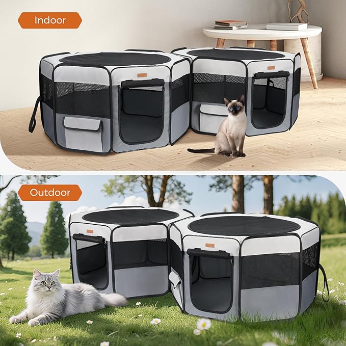 Lekereise 2-in-1 Large Cat Playpen, 65" * 19.7"in Portable Pet Playpen, Dog Playpen Indoor Outdoor for Cats, Puppies, Detachable into 2 Separate Playpens, with a Carry Bag