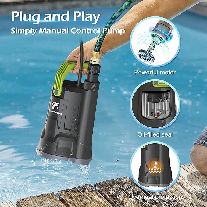 3/4HP 3000GPH Submersible Sump Water Pump, Simple Manual Control for Swimming Pool Garden Pond Basement Draining, with 16.4Ft Cord, Adapters, Check Valve and Rope