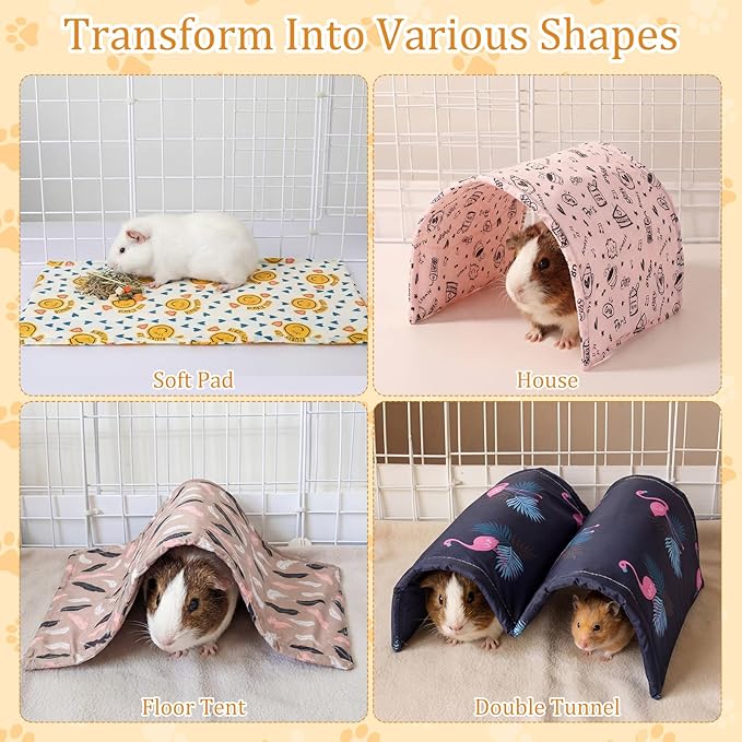 BreezeHug 4 Pcs Guinea Pig Tunnel Foldable Rabbit Hideout Washable and Soft Bunny Hide House Ferret Tunnel Toys Cage Accessories for Small Animal Hamster Hedgehogs Chinchilla (Cute Pattern)