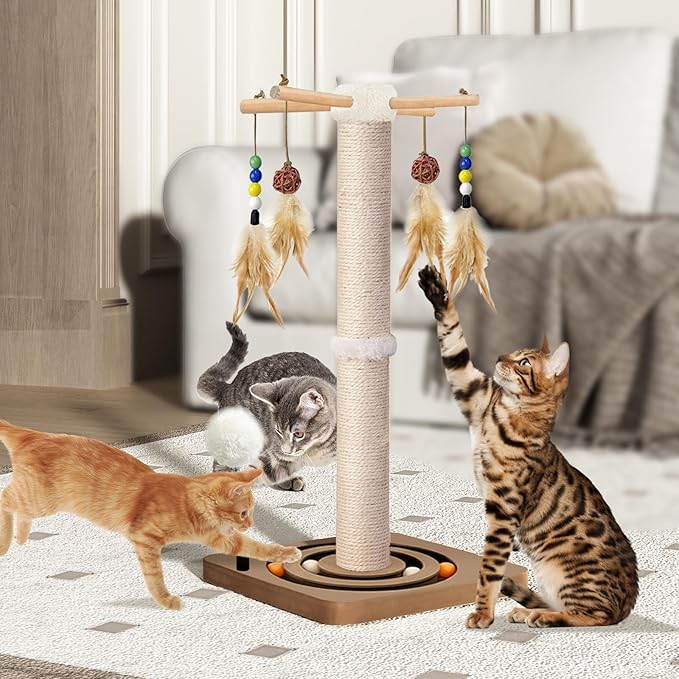PAROTO Cat Scratching Post, Sisal Cat Tree Tower Scratcher for Indoor Cats Adults with Interactive Toys, Double Ball Track, 2 Mounting Methods, 25 inches