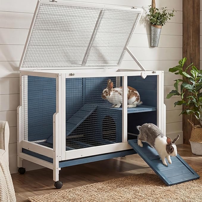 Large Indoor Rabbit Hutch Wooden Bunny Rabbit Cage 2-Story with Run Caster Waterproof No-Leak Pull-Out Tray Ramp Wheel for Guinea Pig Small Medium Animal Wood Pet House Home Blue & White 37“
