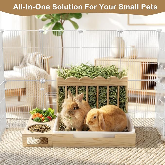 3-in-1 Rabbit Hay Feeder with Litter Box, Sturdy Wooden Hay Feeder Set for Guinea Pigs, Chinchillas, Hamsters, Ferret, Rabbits and Other Small Animal