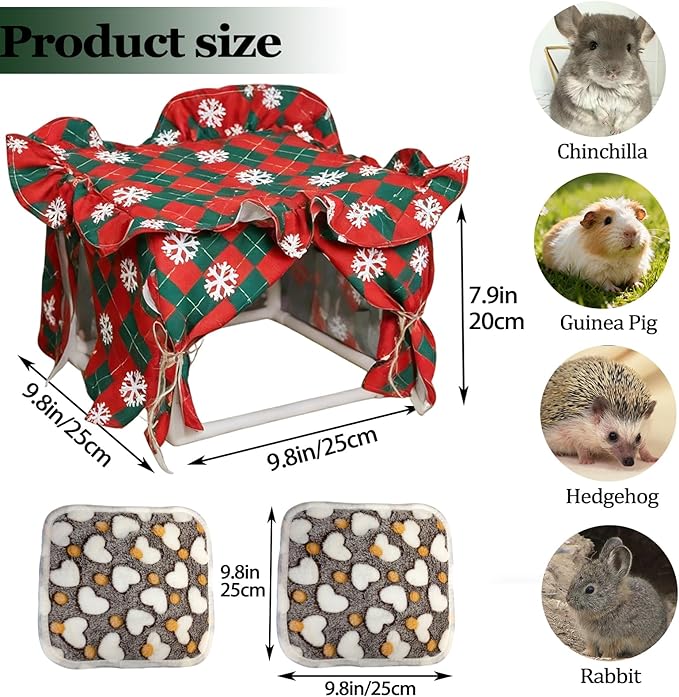 Guinea Pig Hideout Guinea Pig Tunnel Bed House Cave Detachable Guinea Pig Hiding Hut with Curtain for Chinchilla Ferret Hedgehog Hamster Cavy (Red and Green)