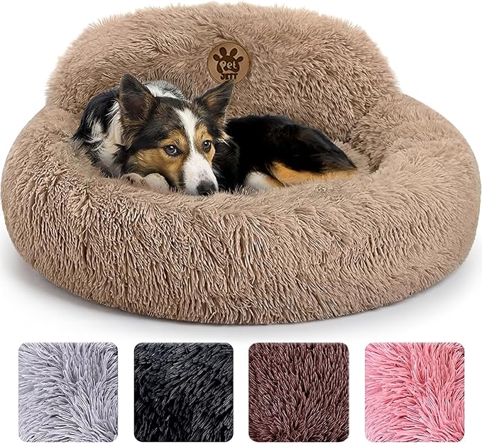 PetJett Calming Medium Dog Bed - 30'' Round Dog Beds - Washable Dog Bed - Anti-Slip Super Soft Fluffy Plush Donut Bed, Anti-Anxiety Premium Comfort Pet Bed, Fits Dogs up to 45 lbs - Beige