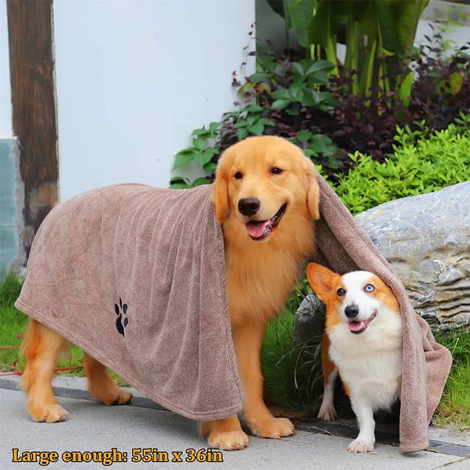 Dogvingpk Extra Large Dog Towel 3 Pack, Super Absorbent Soft Quick Drying Microfiber Pet Bath Towels for Large & Medium Dogs (XL-55" * 36", Grey and Black and Brown)