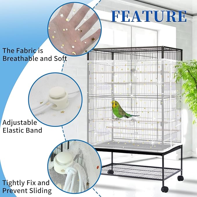 Daoeny 2PCS Bird Cage Seed Catcher, Large Bird Cage Cover, Adjustable Soft Airy Nylon Mesh, Birdcage Cover Skirt Seed Guard for Parrot Parakeet Macaw Round Square Cages (Black & White Sequins Star)