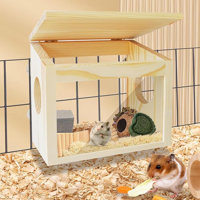 Visible Hamster Digging Box Hamster Sand Bath Container Rat Hideaway Wood Wooden House Hideout Exploration with Acrylic Plate Accessories Dwarf Syrian Rat Hideaway Wood Mice Gerbils Lemmings
