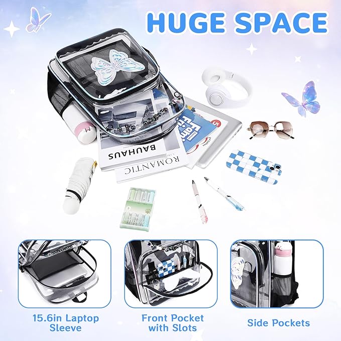 MUSEVOS Clear Backpack, Clear Bookbag for School PVC Heavy Duty Transparent Backpack for Girls, Black Butterfly