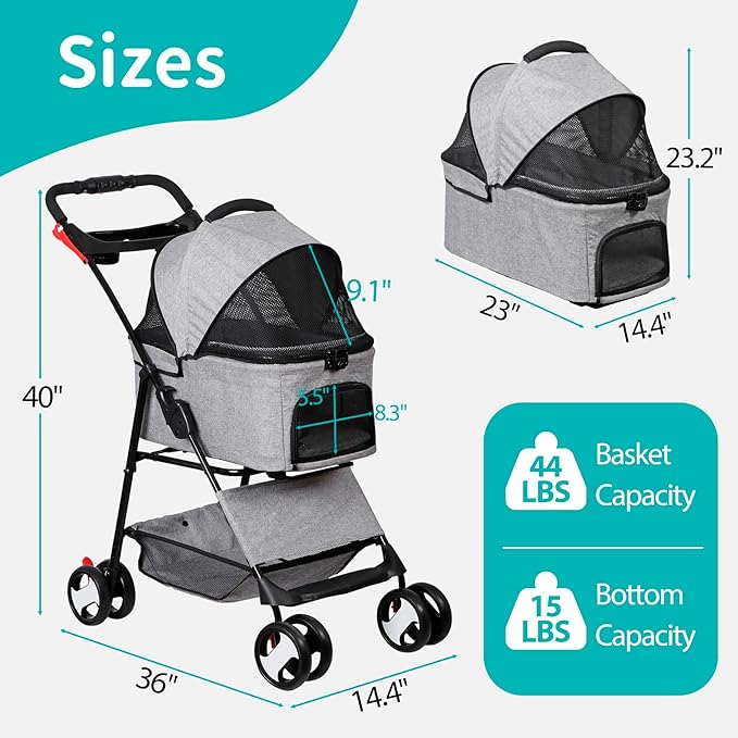 4 Wheels Dog Stroller with Detachable Carrier Folding Pet Strolling Cart for Small Medium Cats Puppies with Storage Basket Cup Holder, Gray