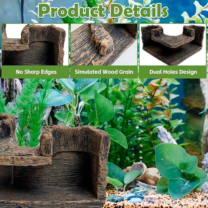 kathson Aquarium Hideaway Cave Underground Tunnel Hideout Resin Rock Dual Hole Hideout for Corners View Fish in Aquarium Decoration with 2PCS Plastic Aquatic Plants for Betta Shrimp Guppy Hide
