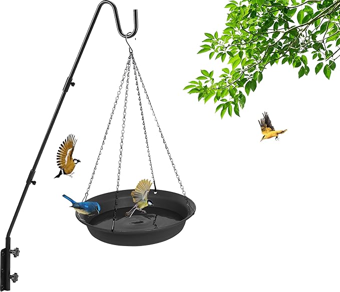VUWEZ Hanging Bird Bath, Hanging Bird Water Feeder for Outdoors, Feeder Bowl, 1 Pack Birdbath Tray Accessories for Outside, Plastic Birdbaths Tray for Garden Patio Decoration (14", Dark Black)