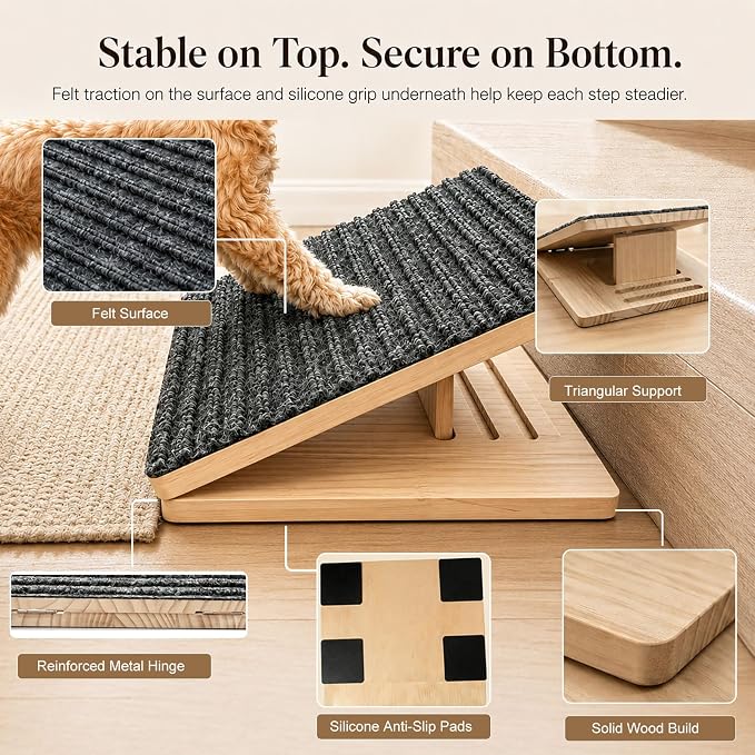 2 Pack Dog Ramp for Stairs - Solid Wood Adjustable & Foldable Pet Ramps, 3 Heights, Non-Slip Silicone Base & Traction Felt, 35lb Capacity, Indoor Stairs & Porch