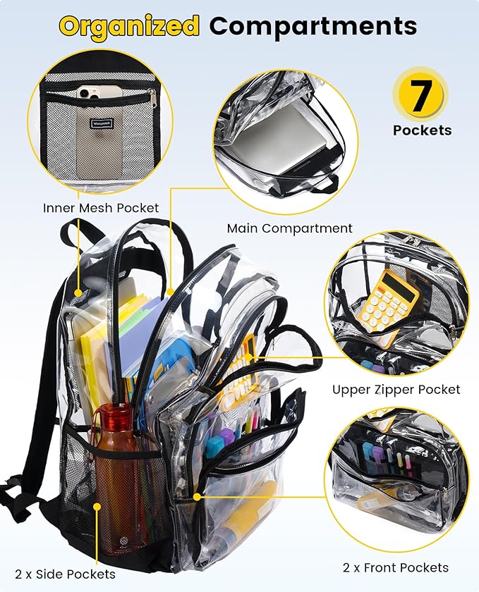 Vorspack Clear Backpack for School - Heavy Duty See Through Bookbag for Girls Boys Extra Large Transparent Backpacks for Work, Travel - Black
