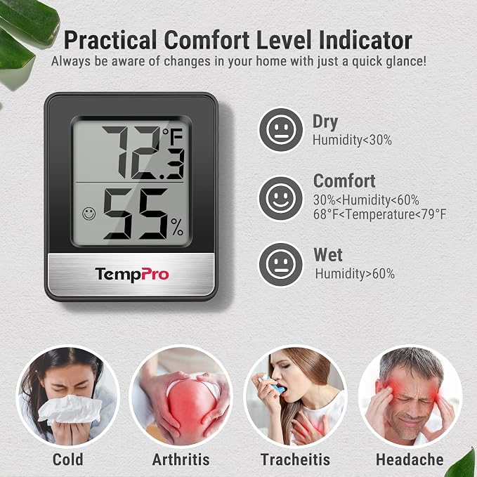 TempPro TempAir Digital Hygrometer Indoor Thermometer | Humidity Meter Room Thermometer with Temperature and Humidity Monitor Mini Hygrometer, Black