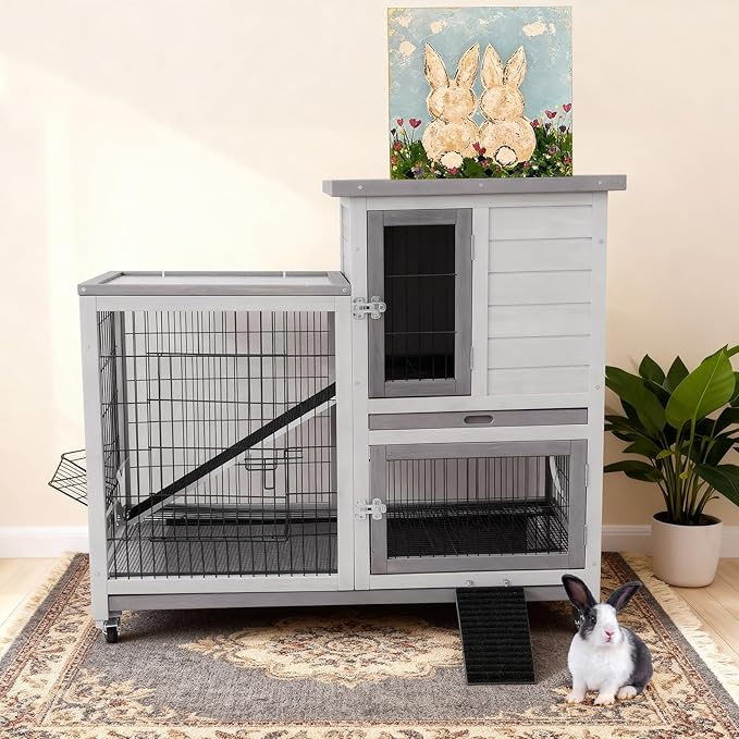FunXplore 2-Tier Rabbit Cage & Bunny Hutch Indoor Outdoor, 4 Metal Wheels, Chew-Resistant Aluminum-Edged Frames & Ramps, Leak-Proof Trays, Easy Assembly, Spacious for Rabbits & Small Animals