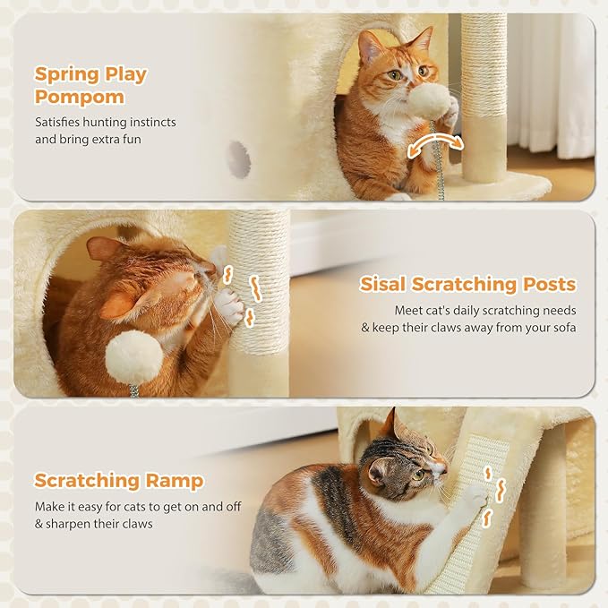 PETEPELA Cat Tree for Indoor Cats, 34.6" Small Cat Tower with Scratching Posts, 2 Condos, Scratching Ramp & Dangling Toys, Cat Play House for Multi-Cat Households, Beige