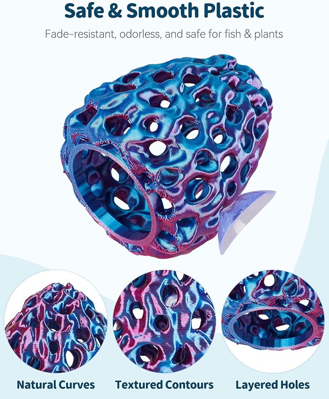 Uniclife Shrimp Hides for Aquariums, Realistic Plastic Aquarium Coral Rock Decorations with Suction Cups, Blue-Violet